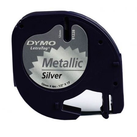 Dymo Cinta LetraTag 12mm x 4m Negro sobre Plata Metalizada 91208